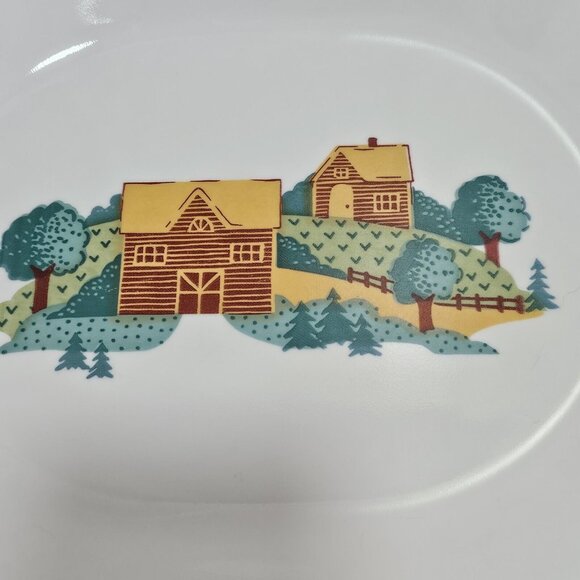 Corelle Corning Landscape Oval Serving Platter 12" red rim logcabin trees feilds - Picture 6 of 10
